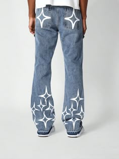 Blue  Collar  Denim Geometric Straight Leg Embellished Non-Stretch  Men Clothing Jeans Design Ideas Men, Painted Jeans Men, Writing On Jeans, Graphic Denim Jeans, Painted Pants Idea, Grunge Graphic Print Jeans For Streetwear, Pants Design For Men, Urban Jeans With Graphic Print In Denim Blue, Urban Jeans With Graphic Print On Denim