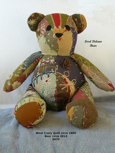 a teddy bear made out of old quilts on a white background with text overlay