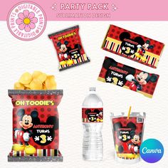 mickey mouse birthday party pack with water bottle and candy