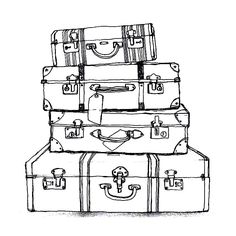 a stack of suitcases sitting on top of each other in black and white ink