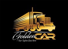 the golden car logo is shown on a black background with gold lettering and a semi - truck