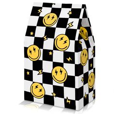 a black and white checkered box with yellow smiley faces on the front, lightning bolt in the back