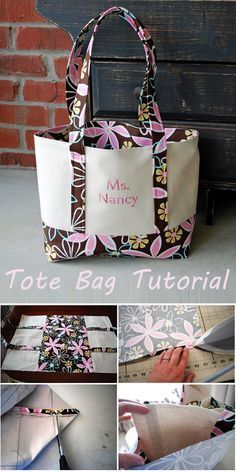 this bag is made from fabric and has flowers on the front, side, and back