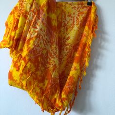 Vintage Swim Coverup Os Size One Size Design Tie Dye Similar Fire Color Orange With Yellow Tie Dye Features Fringe Adjustable & Ties At Waist For Best Fit Versatile And Can Be Worn As A Dress The Hottest Summer Skirt / Dress For Sure!! Sooo Hot It’s Fire.. Total 90’s Babe! Yellow Summer Top For Beach Cover-up, Yellow Summer Beach Cover-up Top, Yellow Summer Tops For Beach Cover-up, Sarong Swimsuit Cover, Swim Wrap, Beach Wrap Skirt, Vintage Tie Dye, Yellow Tie Dye, Fire Color