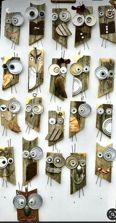 an assortment of wooden cut outs with eyes on them