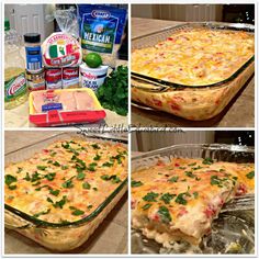 four different views of an enchilada casserole with cheese and herbs