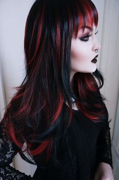 Dark Hair Bangs, Red Hair Streaks, Alt Hair, Haircut Inspo, Halloween Idea, Hair Undercut, Goth Hair, Hair Streaks