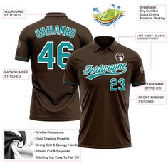 the front and back of a brown baseball jersey with information about the name and number