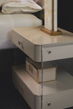 a nightstand with two drawers and a lamp on top