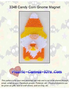 A cute Halloween magnet for the Gnome lover! Made with 7-count plastic canvas and worsted-weight yarn. Skill Level: Easy PDF Downloads are available as soon as you buy the product. PDF viewing software such as Acrobat is needed to view patterns. Pattern by Mail comes to directly to you via USPS. We put all our patterns in a plastic protective sleeve for added protection when mailed. A Kit includes everything needed to make one magnet (7-count plastic canvas, worsted weight yarn, magnet, plastic canvas needle and full instructions and graphs). Finished Size 5" Tall and 3.5" Wide Candy Corn Gnome, Miscellaneous Gifts, Square Baskets, 25 Days Of Christmas, Calendar Gifts, Gnome Patterns, Treat Holder, Dog Signs, Plastic Canvas Patterns