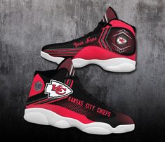 Kansas City Chiefs Air Jordan 13 Custom Name Personalized Shoes. Stride with confidence in these sleek sneakers, boasting a striking dinosaur print with floral touches for a unique spin on classic footwear.". #city chiefs #air jordan #personalized #name personalize #jordan 1 #jordan 13 #Shoes #Snorider Personalized Shoes, Oklahoma Sooners, Jordan 13, Ohio State Buckeyes, Unique Christmas Gifts, Classic Silhouette, Ohio State, Dinosaur Print