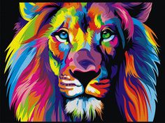 a painting of a lion with multicolored hair