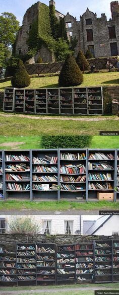 there are many books on the shelves in this bookcase and it looks like they have been built into an old castle