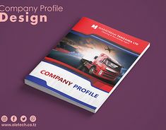 a company profile brochure is displayed on a purple background with an image of a truck