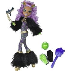 a doll with purple hair and black furs holding a green ball in her hand