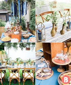 a collage of photos showing different types of food and decorations on tables with chairs