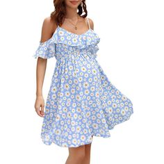 Maternity Nursing Dress Womens V-Neck Spaghetti Strap Ruffle Sleeve Daisy Printed A-Line Tiered Flowy Swing Dress Fitted V-neck Maternity Dress For Beach, Fitted Maternity Dress For Summer Beach, Fitted V-neck Maternity Dress For Summer, Summer Floral Dress With Spaghetti Straps And Ruffles, Floral Beach Dress With Spaghetti Straps And Ruffles, White Maternity Dress For Summer Vacation, Spring Beach Maternity Dress V-neck, White V-neck Maternity Dress For Summer, Summer Off-shoulder Fitted Maternity Dress