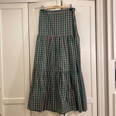 Green Plaid Maxi Skirt, Never Worn, Current Season (2023), Light Weight Cotton Flannel Maxi Skirt, Plaid Tiered Skirt, Soft Summer Green, Sunday Skirt, Thrift Inspiration, Purple Plaid Skirt, Mission Prep, Thrift List, Fall Moodboard