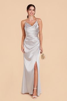 Lydia Shiny Satin Dress - PlatinumLydia Shiny Satin Dress - Platinum Cowl Neck Bridesmaid Dress, Silver Satin Dress, Grey Satin Dress, Satin Dress Outfit, Dresses Elegant Long, Modern Mermaid, Silver Bridesmaid Dresses, Bridesmaid Dresses Satin, Satin Bodycon Dress