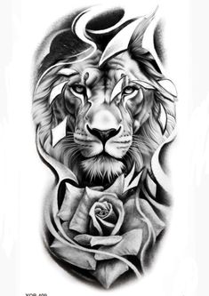 a black and white drawing of a lion with a rose on it's chest