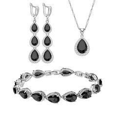 PRICES MAY VARY. ❤What You Get:❤ 1 gift package includes 1 piece bracelet, 1 pair dangle earring and 1 piece of pendant necklace, 1 complete jewelry set for your matching needs, suitable for most women. ❤High Quality Material:❤ This Women's Jewellery Set is made of white gold plated ,Main stone is black stone,Side stone is White cubic zirconia. High Polished. Nickel-free, Hypoallergenic and Shiny Forever. Will not change the color, health and environmental protection. ❤Adjustable Size:❤ Necklace Blue Sapphire Jewelry Set, Black Stone Jewelry, Sapphire Jewelry Set, Blue Sapphire Jewelry, Wedding Party Gift, Women's Jewelry Sets, Silver Jewellery Sets, Bridesmaid Bracelet, Junior Year