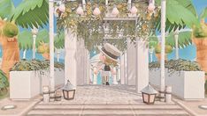 an animated image of a woman in a hat walking down a walkway with lanterns and palm trees