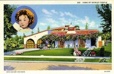 a painting of a woman in front of a house with flowers on the lawn and trees