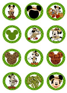 mickey mouse birthday cupcake toppers with green polka dots and cartoon characters on them