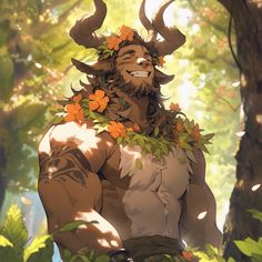 an image of a man with horns and flowers on his head in front of trees