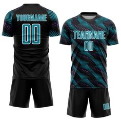 Custom Soccer Uniforms - Custom Black Teal-White Sublimation Soccer Uniform Jersey Black Sublimation Design For Team Spirit Customization, Black Jersey With Graphic Print For Fans, Custom Print Black Sublimation Design For Fan Merchandise, Customizable Black Sports T-shirt, Customizable Black T-shirt For Sports Events, Customizable Black T-shirt For Sports, Customizable Black T-shirt For Football Season, Vintage Soccer Jersey, Jersey Vintage