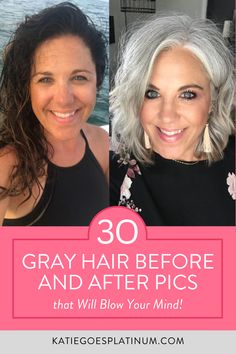 Don't let society tell you gray hair means getting old! This inspiring gallery features 30 diverse women rocking their natural silver hair with confidence, see their before and after gray hair photos! Find your perfect shade of gray and hairstyle for a look that empowers you at any age! Gray Hair In Your 40s Aging Gracefully, Elegant Grey Hair, Smokey Silver Gray Hair, Gradual Grey Hair Aging Gracefully, Gray Hair With Dark Underneath, Brunettes With Gray Hair, Easing Into Gray Hair, Grey Hair For Women In Their 40s, Graying Blonde Hair