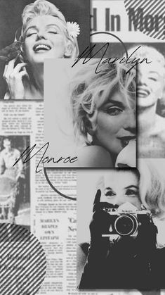 black and white collage of marilyn monroe pictures with the words, i love marilyn monroe