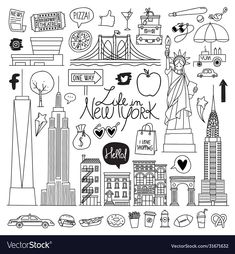 the new york city skyline in black and white with doodle style lettering on it