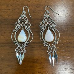 Silver Dangle Earrings Unknown White Stone Never Worn Wire Wrapped Dangle Earrings, White Metal Chandelier Earrings For Pierced Ears, Teardrop Metal Pearl Earrings, Teardrop Pearl Earrings In Metal, White Teardrop Metal Earrings, White Metal Chandelier Earrings, Hammered Metal Jewelry, Wire Patterns, Earrings With Charms