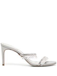 silver-tone calf leather crystal embellishment stiletto heel branded insole slip-on style Silver Mules With Padded Heel For Formal Wear, Silver Mules With Padded Heel For Formal Occasions, Silver Mules With Padded Heel For Evening, Silver Evening Mules With Padded Heel, Luxury Rhinestone Mules For Formal Occasions, Elegant Silver Mules For Party, Luxury Silver Mules For Party, Elegant Silver Mules With Padded Heel, Elegant Embellished Open Toe Mules