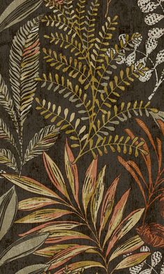 an image of a pattern with leaves and plants on black background for wallpaper or fabric