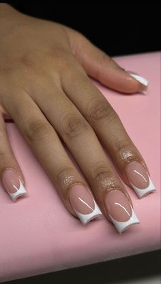 Short White French Tip Nails With Gems, Medium Acrylic Nails French Tip, French Tip Acrylics Short, Regular French Tip Nails, French Tip Nails With Design Short, Short Arclyc Nail, Square Acrylic Nails French Tips, Medium Length French Tip Nails, Medium French Tip Nails