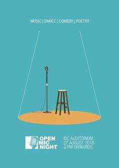 an open mic night poster with a microphone and stool in the middle, on a blue background