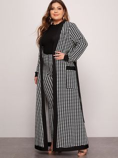 Plus Patch Pocket Belted Houndstooth Coat & Leggings Set | EMERY ROSE Flared Jacket, Coated Leggings, Houndstooth Pants, Houndstooth Coat, Fall Plus Size, Sequin Rompers, Black And White Style, Leggings Set, Co Ords