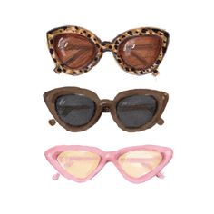 three pairs of sunglasses with leopard print on the front and side, one in pink