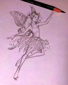 a pencil drawing of a fairy holding a butterfly