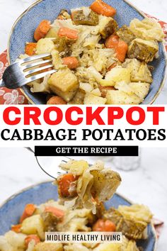 the recipe for crockpot cabbage potatoes is shown on a plate with a fork