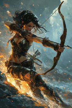 a woman is holding a bow and aiming it at the viewer with fire behind her