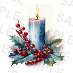 a blue candle with holly and red berries