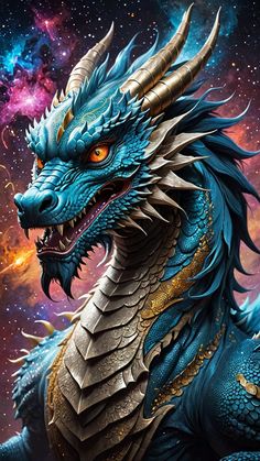 a blue and gold dragon with large horns on it's head in the space