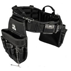 two black tool pouches with chains hanging from each side and one in the middle