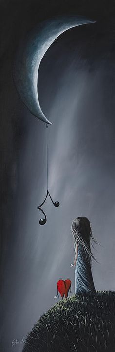 a painting of a girl looking at the moon with a string attached to her neck