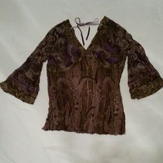 New Long Sleeve Sheer Paisley Pattern Blouse With Velvet Trim And Back Tie Ribbon. Fitted V-neck Brown Blouse, Fitted Brown V-neck Blouse, Brown Stretch Blouse For Spring, Elegant Stretch Brown Top, Elegant Brown Stretch Top, Spring Stretch Brown Blouse, Fitted Brown Blouse For Party, Spring Party Brown Blouse, Elegant Brown Spring Tops