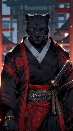 an illustration of a black cat dressed in traditional japanese garb and holding two swords