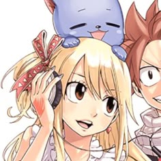 two anime characters one is holding a cell phone and the other has a cat on her head